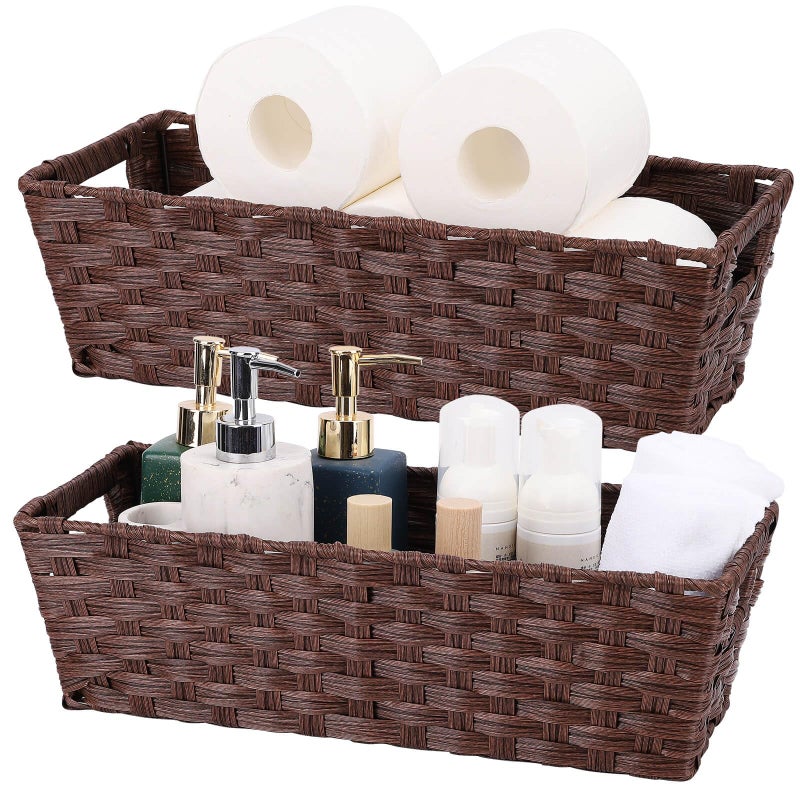Onlytak Plastic Wicker Storage Baskets  Toilet Tank Baskets  Bathroom Baskets  Baskets for Decor  Woven Storage Baskets for Organizing  Brown  15"" x 6"" x 4""  2-Pack - Image 1